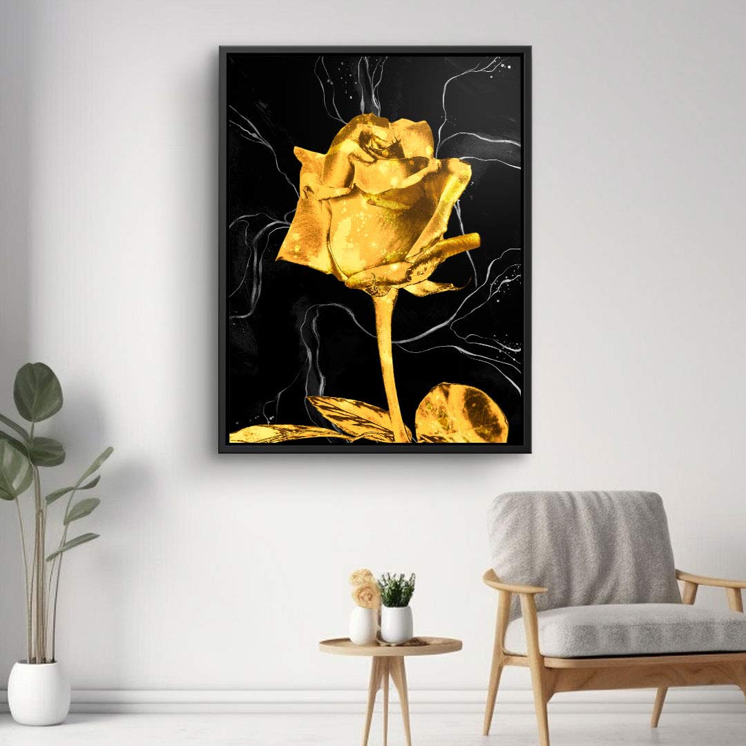 Modernes Wandbild mit goldener Rose auf schwarzem Hintergrund, stilvolle Wohnzimmer-Deko