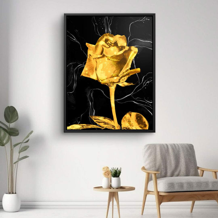 Modernes Wandbild mit goldener Rose auf schwarzem Hintergrund, stilvolle Wohnzimmer-Deko