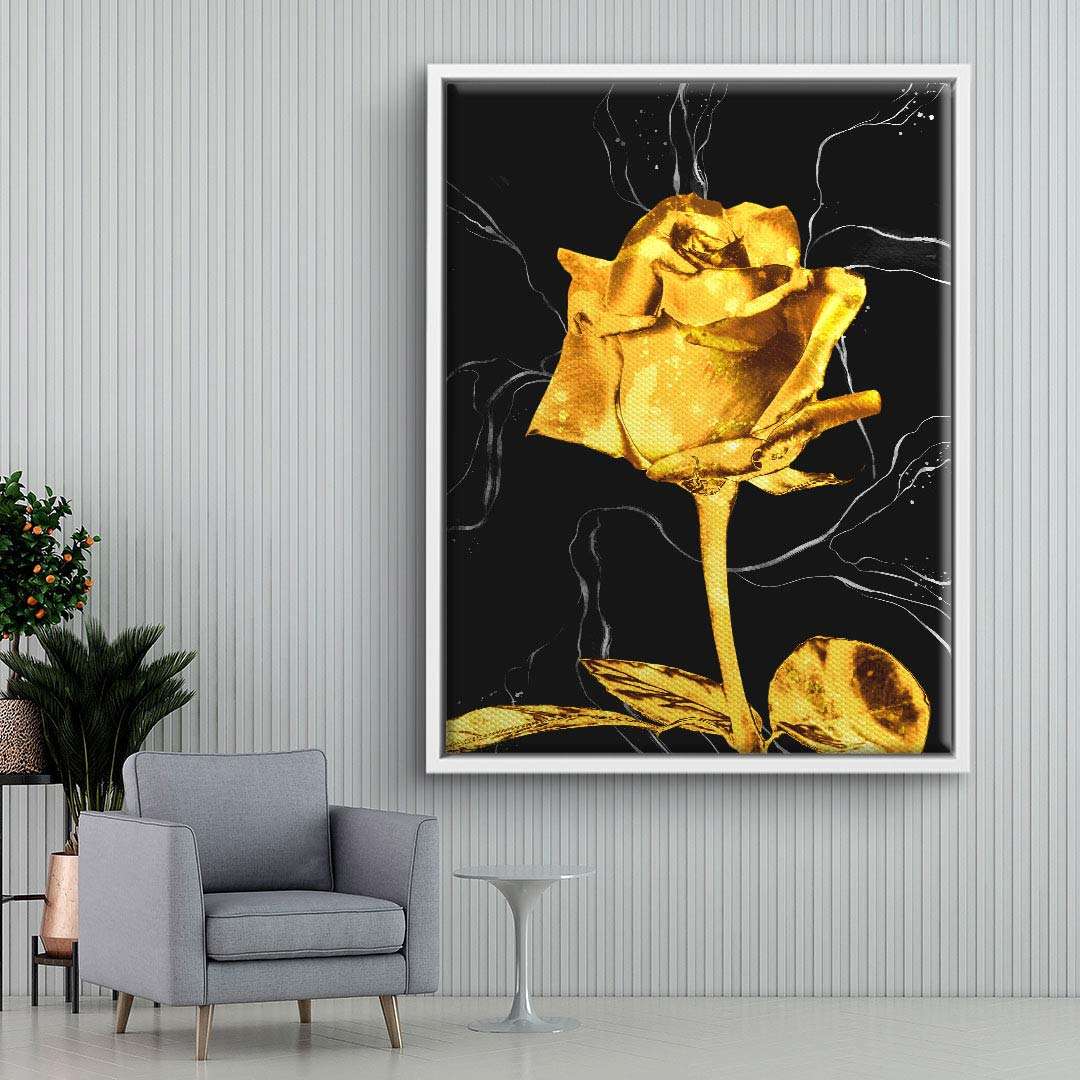 Modernes Wandbild mit goldener Rose auf schwarzem Hintergrund, edle Kunst für Wohnzimmer