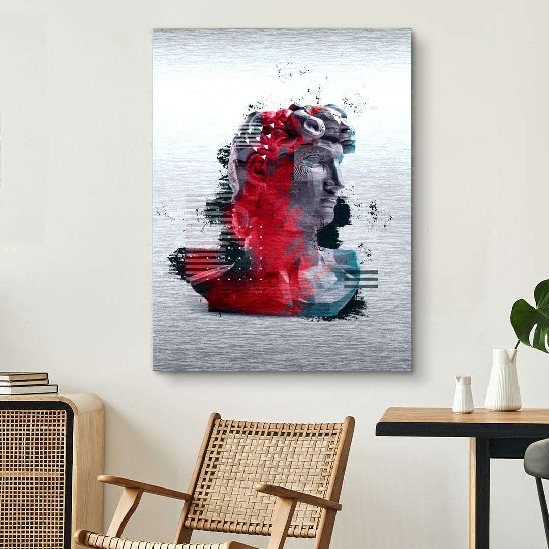 Modernes Wandbild mit abstraktem David-Kopf in Rot und Grau, dekoratives Kunstdruck für Wohnzimmer