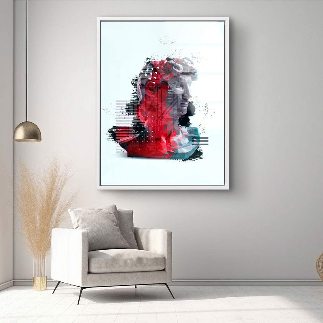 Modernes Wandbild mit abstrakter Büste in Rot und Schwarz, Wohnzimmer mit Sessel