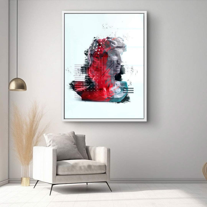 Modernes Wandbild mit abstrakter Büste in Rot und Schwarz, Wohnzimmer mit Sessel
