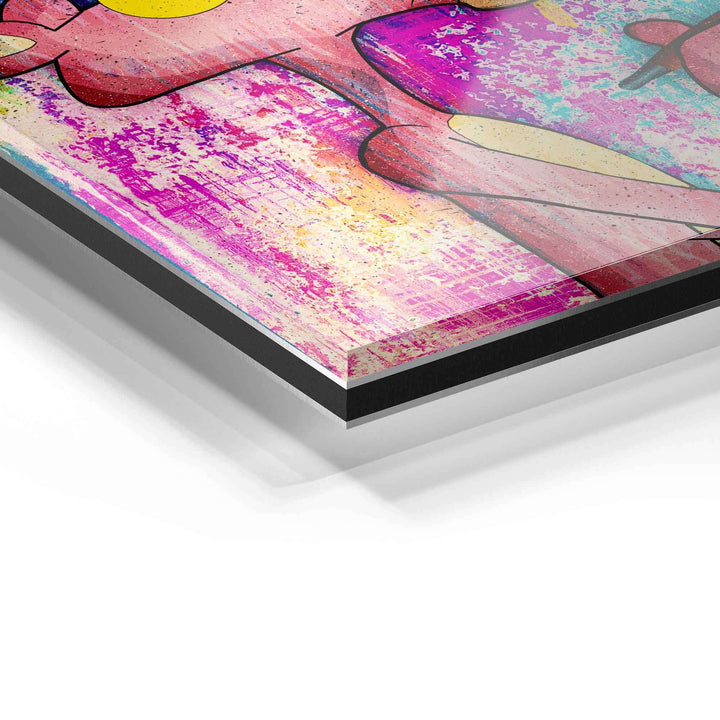 Detailaufnahme Acrylglas Wandbild, bunte Pop Art Grafik in Pink und Lila, moderne Kunst