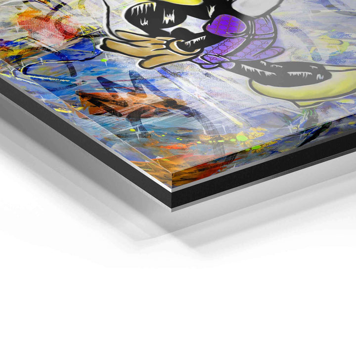 Detailaufnahme Acrylglas-Wandbild mit bunter Street Art, Comic-Figur und abstrakten Farben