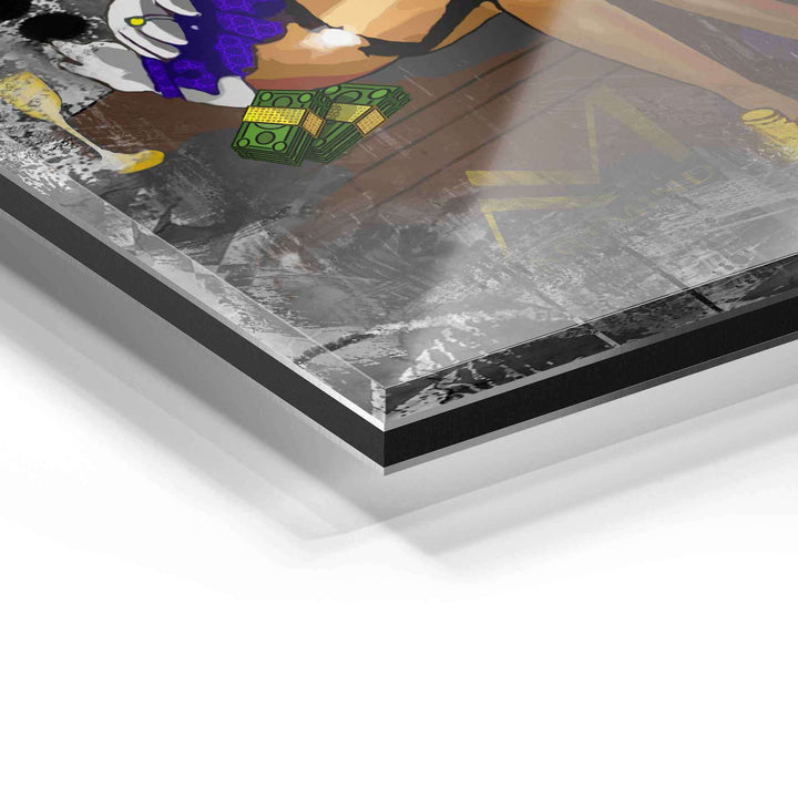 Detailaufnahme eines modernen Wandbilds auf Acrylglas mit Pop Art Motiv und bunten Geldscheinen.