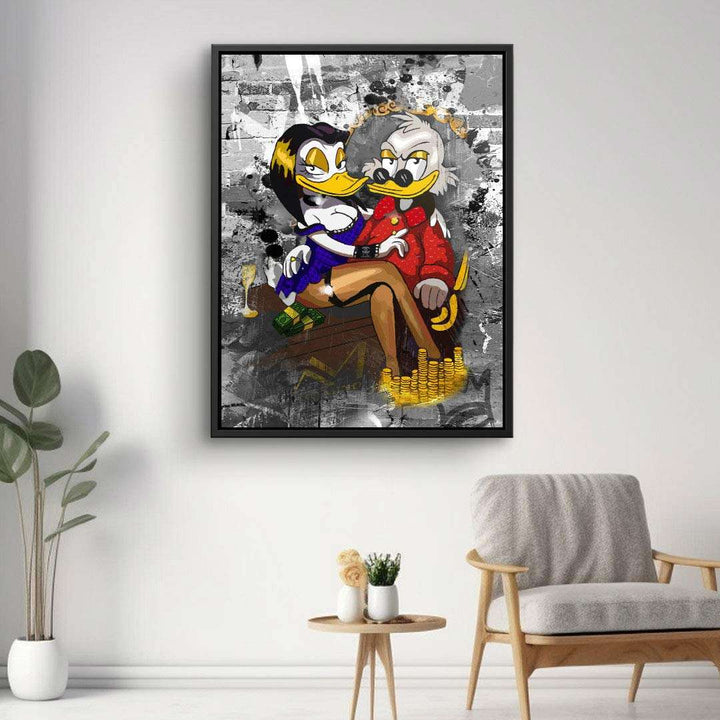 Modernes Wandbild mit Comic-Enten, Geldmünzen und urbanem Graffiti-Stil im Wohnzimmer