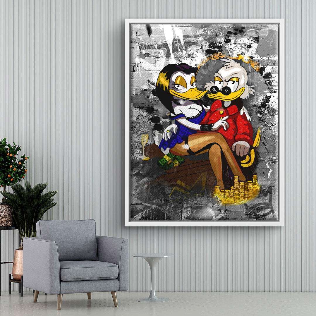 Modernes Wandbild mit Comic-Entenpaar im Pop Art Stil, Geld und Münzen, grauer Hintergrund