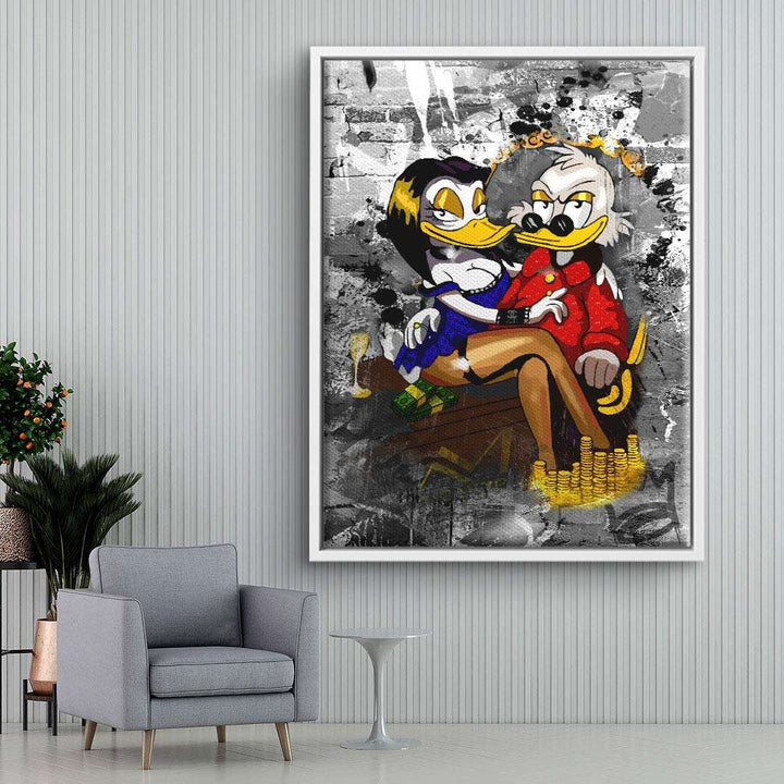 Modernes Wandbild mit Comic-Entenpaar im Pop Art Stil, Geld und Münzen, grauer Hintergrund