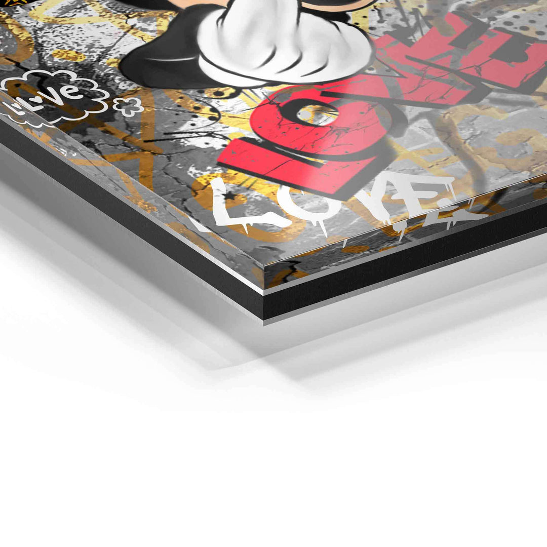 Detailansicht Acrylglas Wandbild mit Pop Art Comic Hand, Graffiti-Look und Schriftzug LOVE