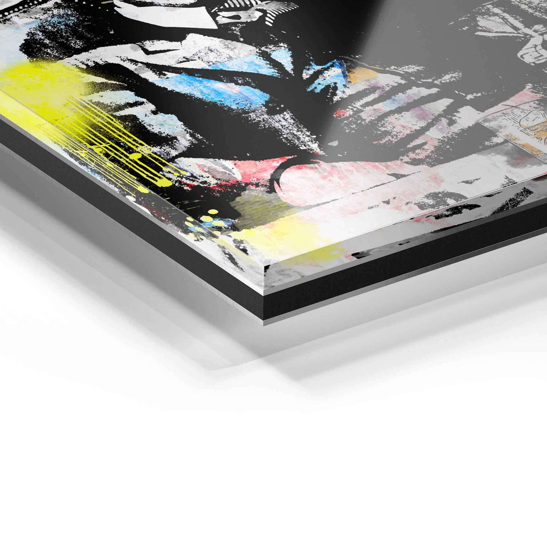 Detailaufnahme Acrylglas-Wandbild mit buntem, modernem Pop Art Motiv auf schwarzem Hintergrund