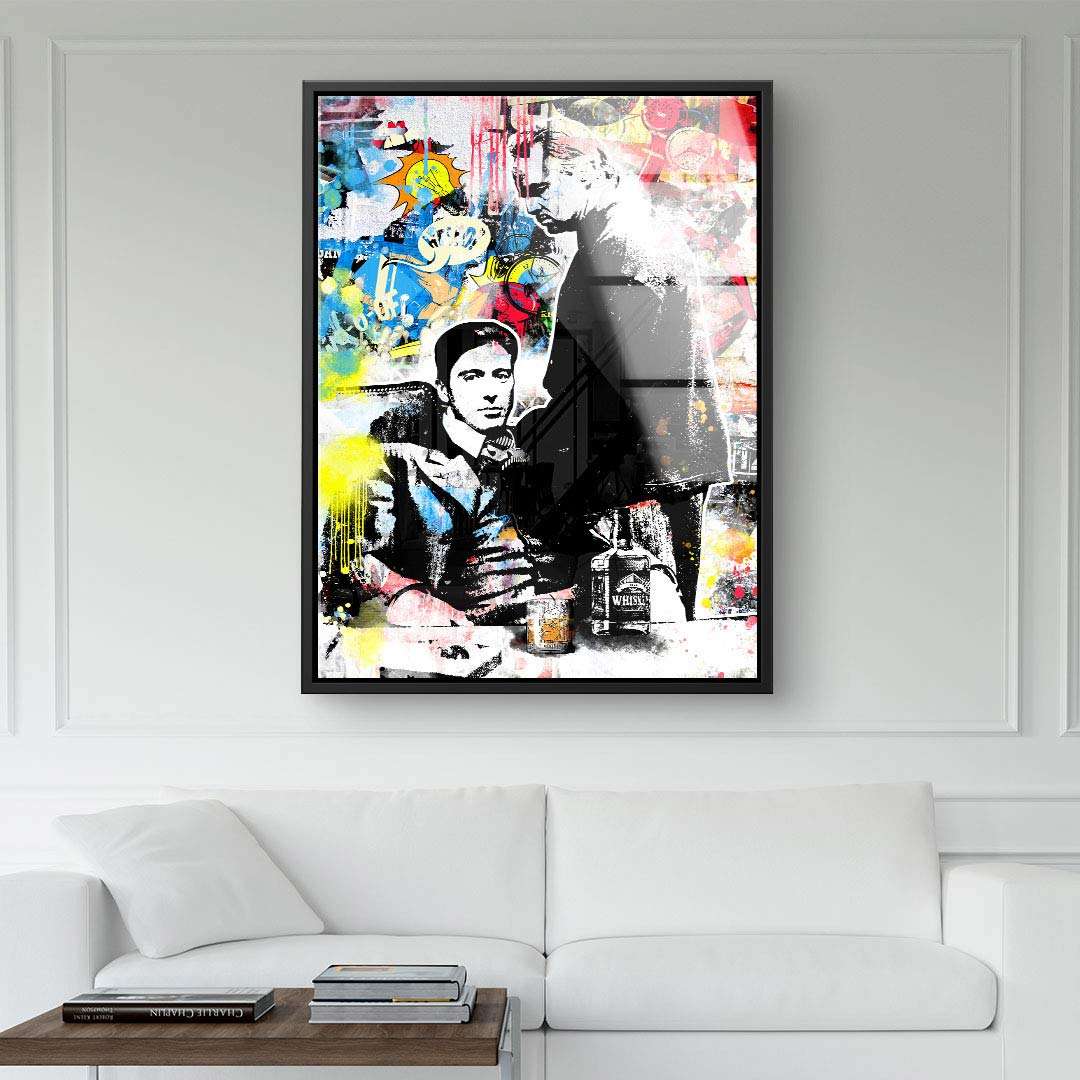 Modernes Wandbild mit Pop Art Stil, zwei Männer, bunte Graffiti-Elemente, Wohnzimmerdeko