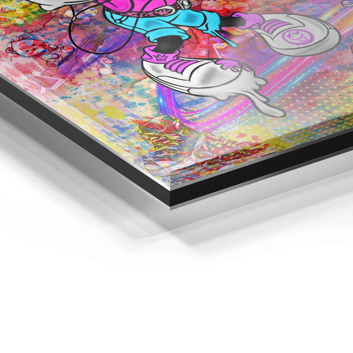 Detailansicht Acrylglas-Wandbild mit bunter Pop Art Illustration, Comic-Stil, leuchtende Farben