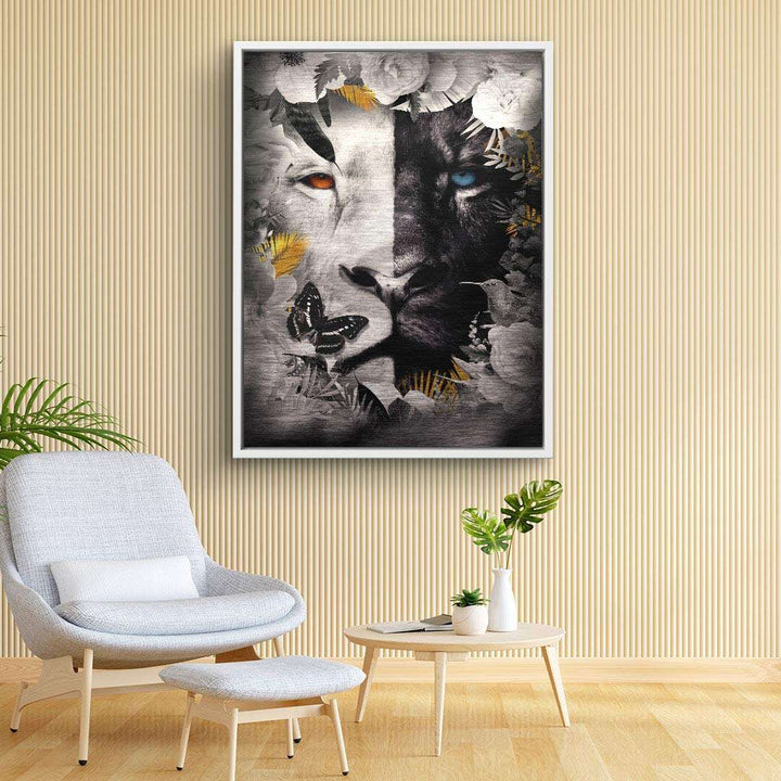 Modernes Wandbild mit Löwen- und Panthergesicht, Blumen und Schmetterling, Wohnzimmerdeko
