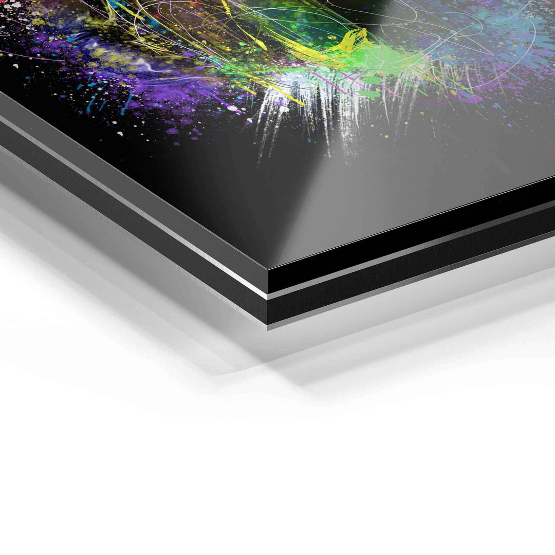 Detailaufnahme Acrylglas-Wandbild mit bunter abstrakter Kunst und glänzender Oberfläche
