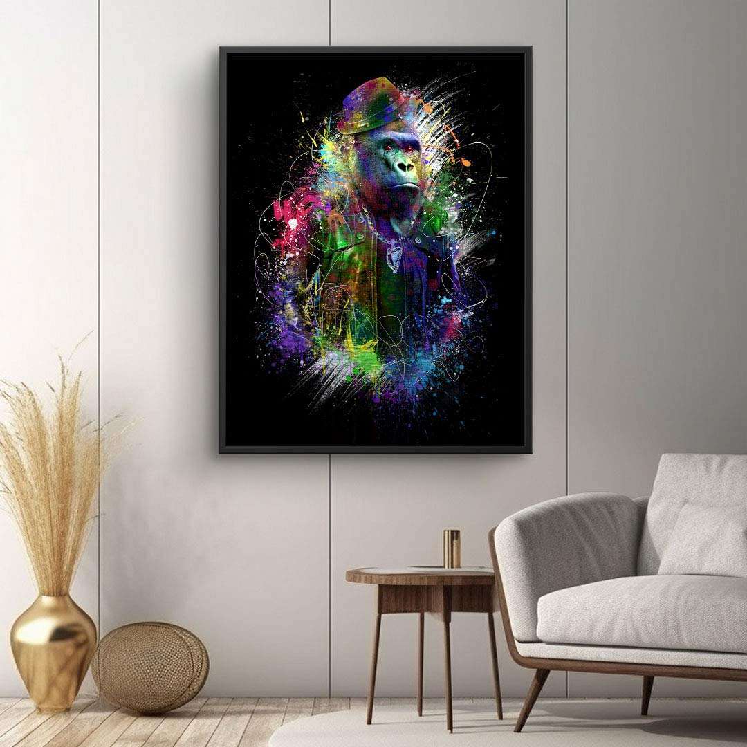 Buntes Gorilla Wandbild mit abstraktem Splash-Effekt auf schwarzem Hintergrund, modern dekorativ