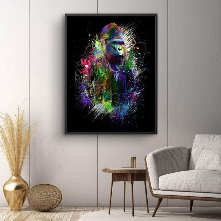 Buntes Gorilla Wandbild mit abstraktem Splash-Effekt auf schwarzem Hintergrund, modern dekorativ