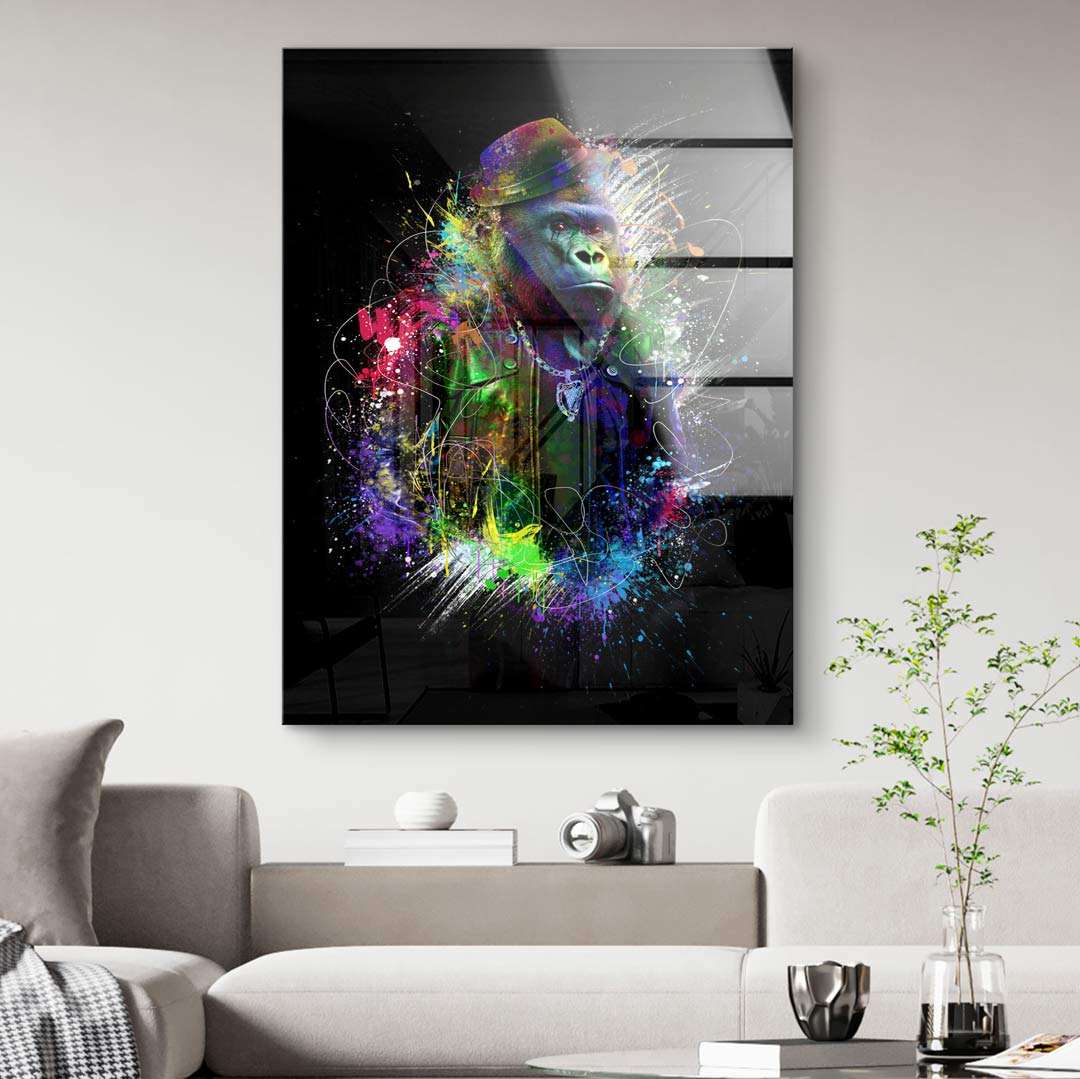 Modernes Wandbild mit farbigem Gorilla im Anzug, Pop Art Stil, Wohnzimmer Dekoration