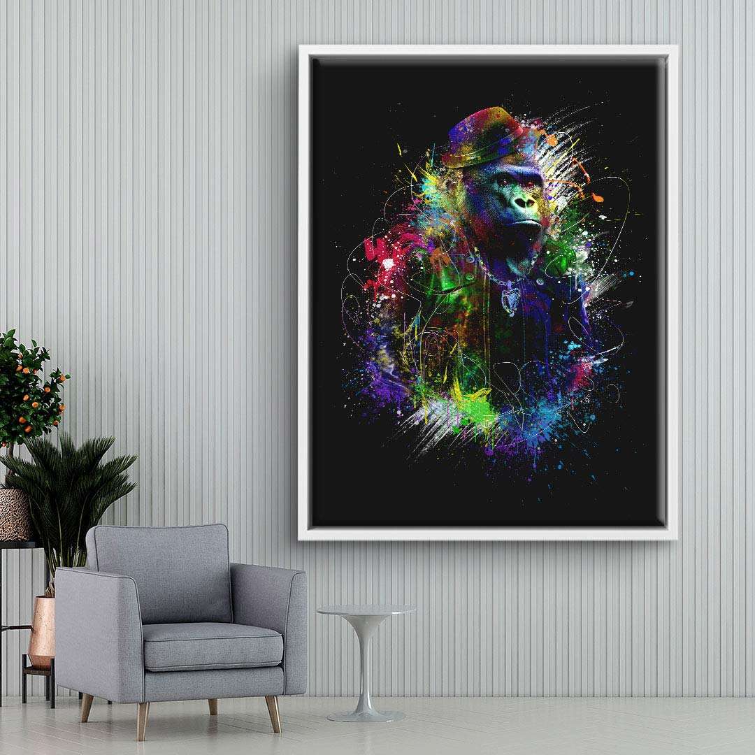 Modernes Wandbild mit farbigem Gorilla im Anzug auf schwarzem Hintergrund, Pop Art Stil