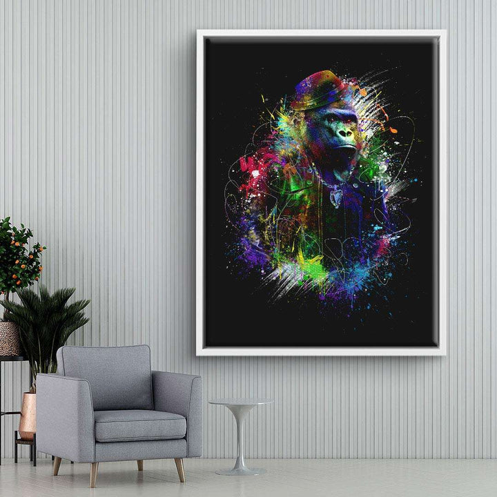Modernes Wandbild mit farbigem Gorilla im Anzug auf schwarzem Hintergrund, Pop Art Stil