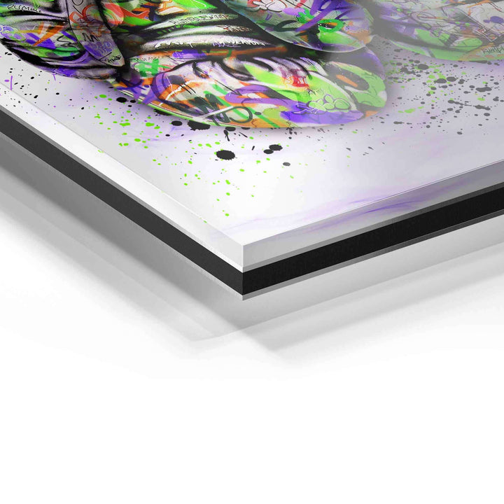 Detailfoto von Acrylglas Wandbild mit bunter Pop Art und Farbspritzern, modernes Design