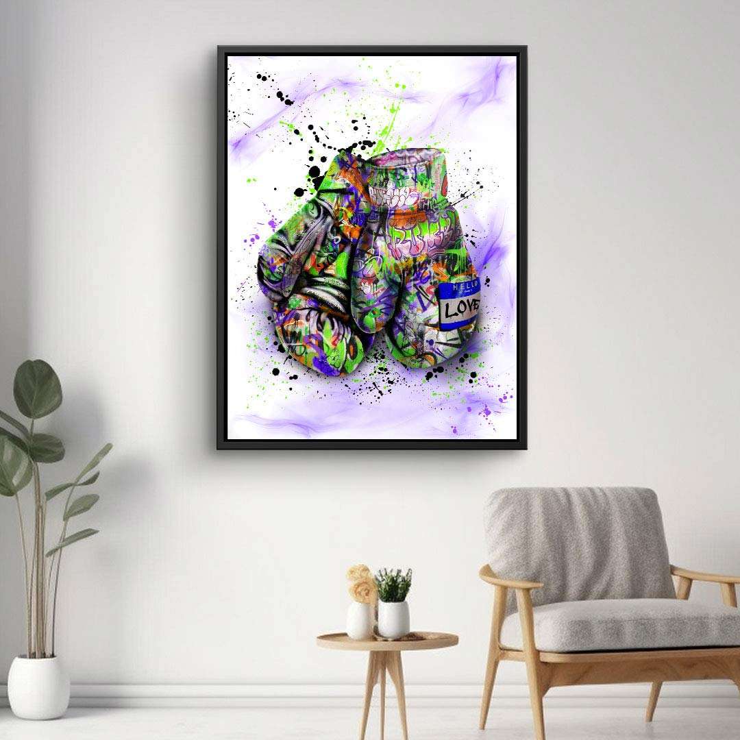 Buntes Wandbild mit Boxhandschuhen im Graffiti-Stil, moderne Wohnzimmer-Dekoration.
