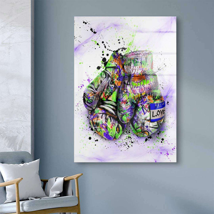 Modernes Wandbild mit bunten Boxhandschuhen im Graffiti-Stil auf weiß-lila Hintergrund