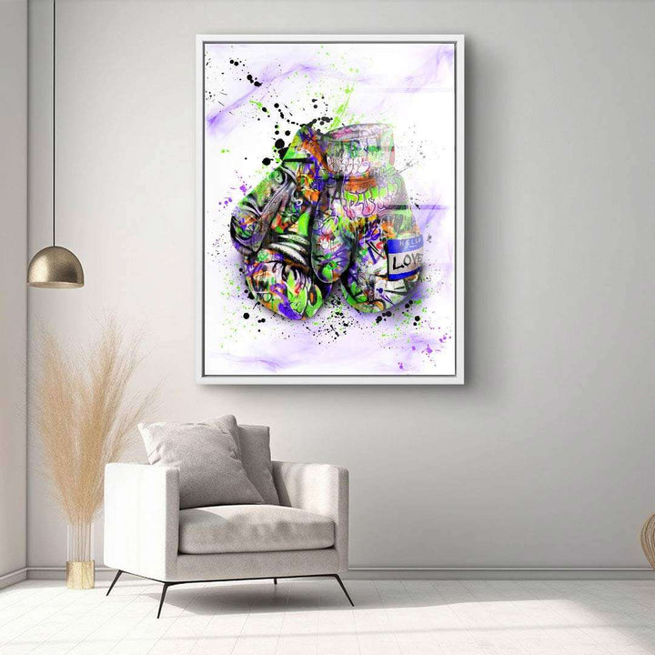 Modernes Wandbild mit bunten Boxhandschuhen im Graffiti-Stil im Wohnzimmer