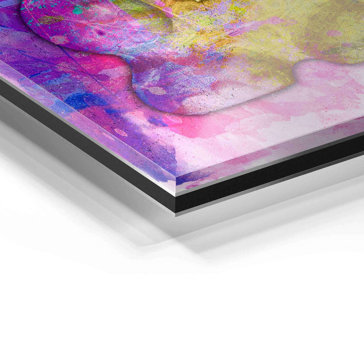 Detailaufnahme Acrylglas Wandbild mit abstrakten bunten Farben in Pink, Lila und Gelb