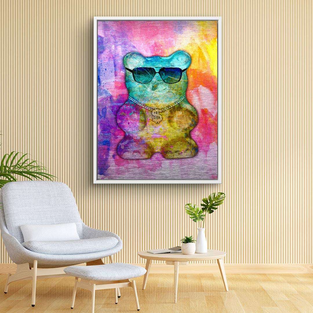 Pop Art Wandbild Gummibär mit Sonnenbrille und Kette, bunte Kunst, modernes Wohnzimmer