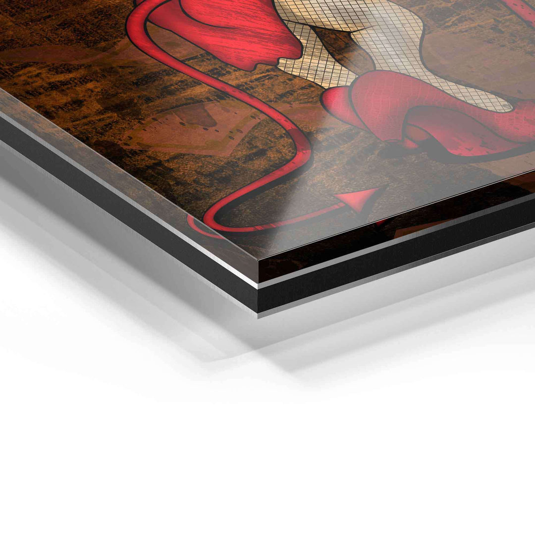 Detailaufnahme Acrylglas Wandbild mit Pop-Art Motiv, rote High Heels und Fischnetz-Strümpfe