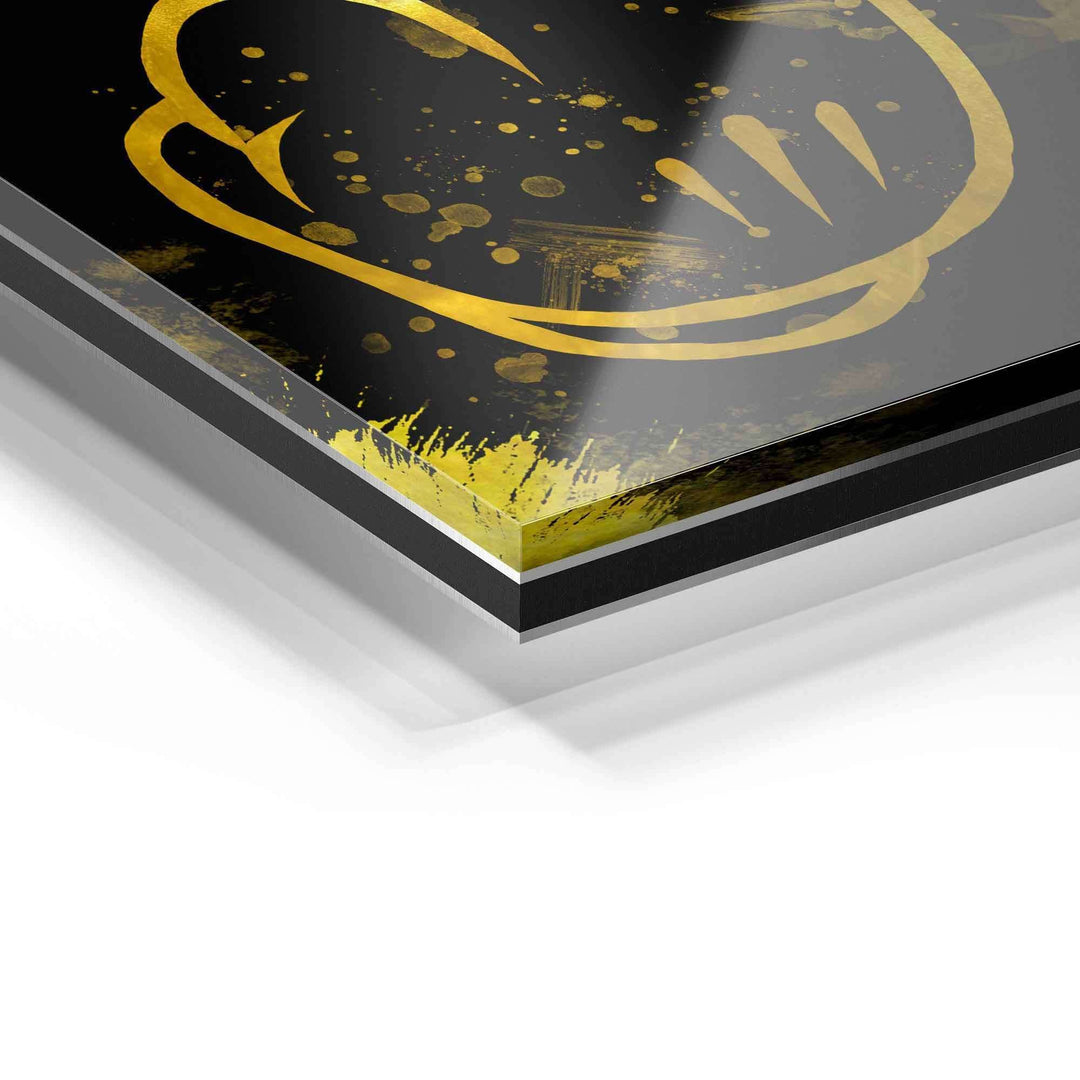 Detailaufnahme Acrylglas Wandbild mit goldener abstrakter Kunst auf schwarzem Hintergrund