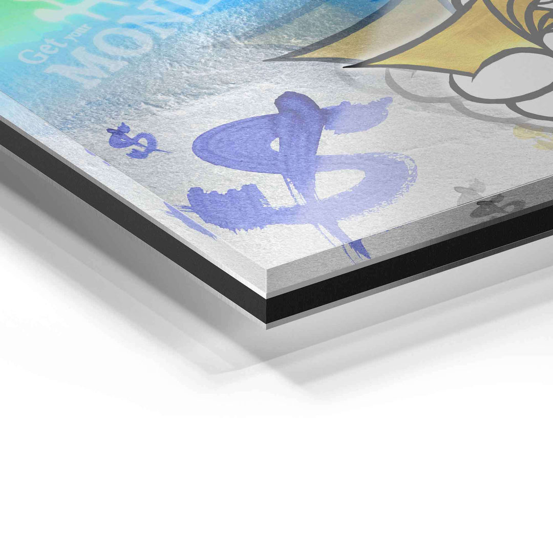 Detailaufnahme Acrylglas-Wandbild mit buntem Pop Art Design und Dollarzeichen Motiv.