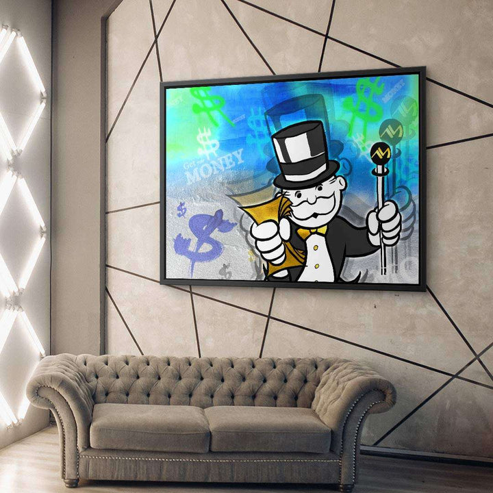 Modernes Pop Art Wandbild mit Comic-Figur, Geldscheinen und Dollarzeichen über Sofa