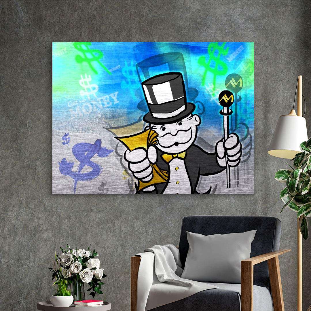 Pop Art Wandbild mit Comic-Figur im Frack, Dollar-Zeichen und buntem Hintergrund an Wand