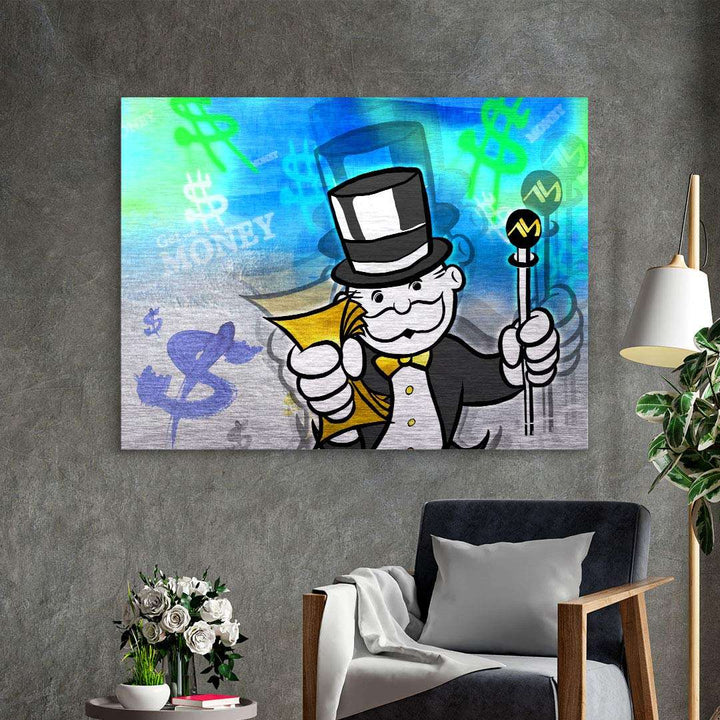 Pop Art Wandbild mit Comic-Figur im Frack, Dollar-Zeichen und buntem Hintergrund an Wand