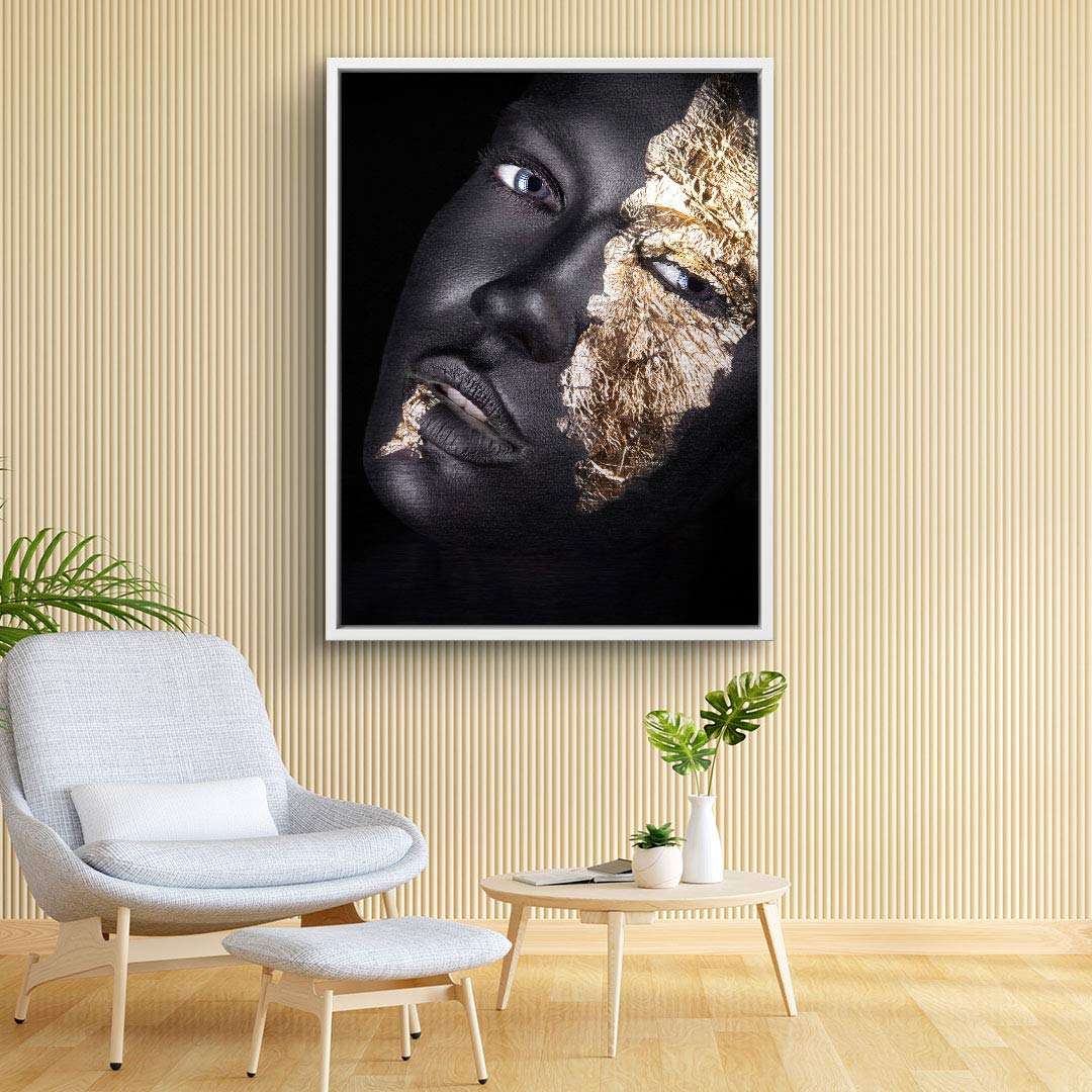 Modernes Wandbild mit schwarzem Gesicht und goldener Blattverzierung, Kunst auf Leinwand