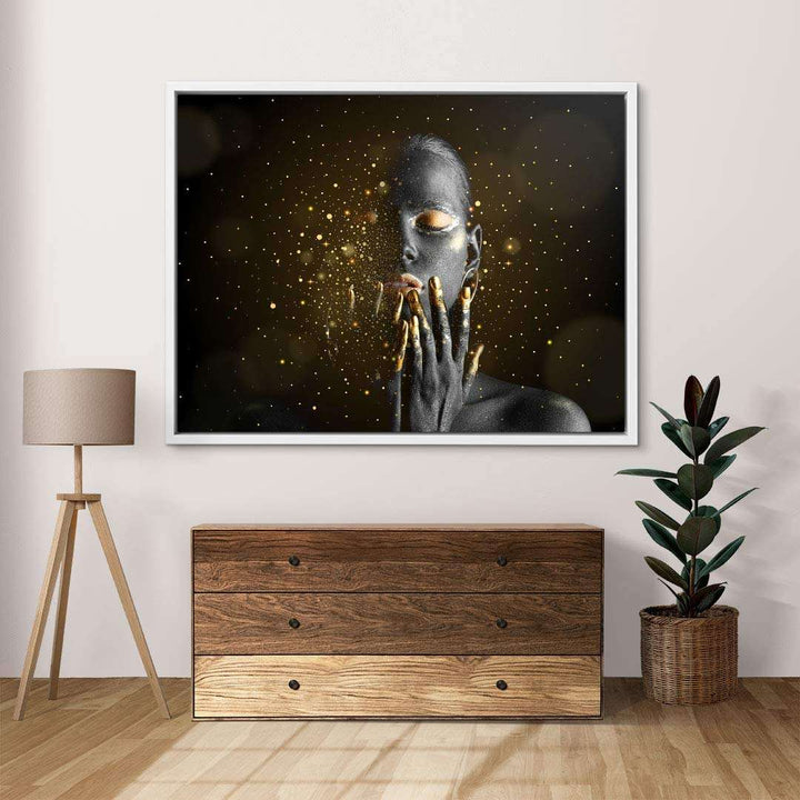 Modernes Wandbild mit schwarz-goldener Frau und goldenen Partikeln, Kunst Leinwand