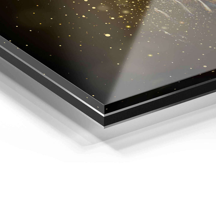 Detailansicht eines modernen Wandbilds auf Acrylglas mit goldenen Sprenkeln und glänzender Oberfläche