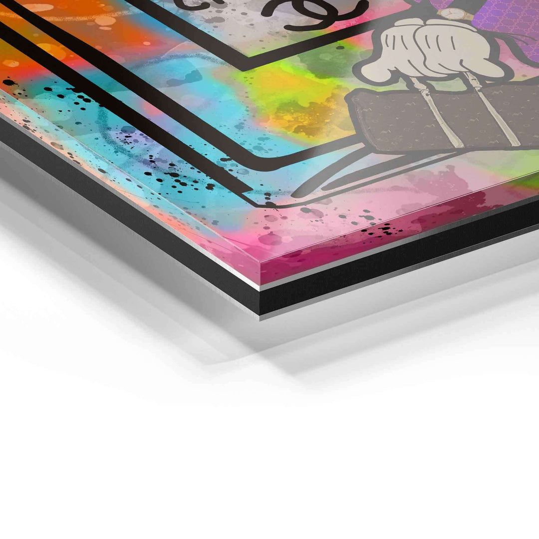 Detailaufnahme Acrylglas Wandbild, bunte Pop Art Farben, Comic-Hand mit Tasche
