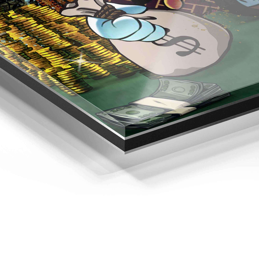 Detailaufnahme Acrylglas Wandbild Comic-Stil mit Geldsäcken, Münzen und Dollar-Scheinen