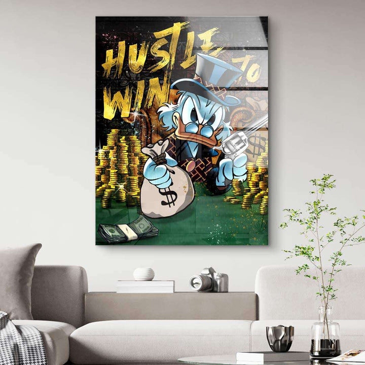 Pop Art Wandbild mit Comic-Ente, Geldsäcken, Goldmünzen und dem Schriftzug 'Hustle to Win'