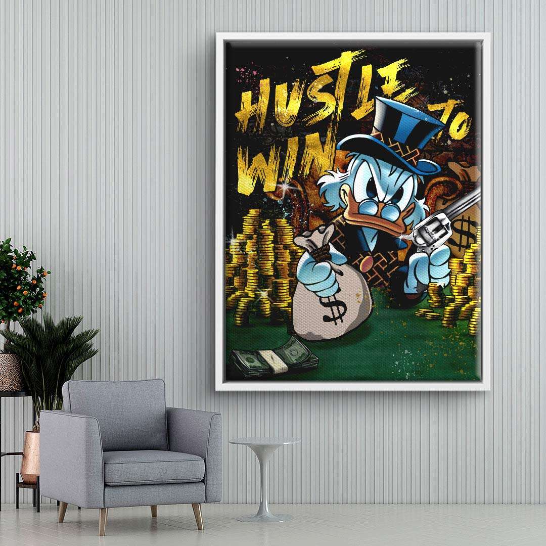 Pop Art Wandbild mit Comic-Ente, Geldsäcken und Goldmünzen, Motiv Hustle to Win