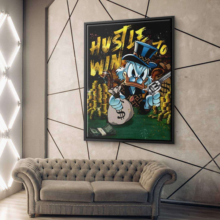 Modernes Wandbild mit Comic-Ente, Geldsäcken und Schriftzug 'Hustle to Win', Pop Art Stil