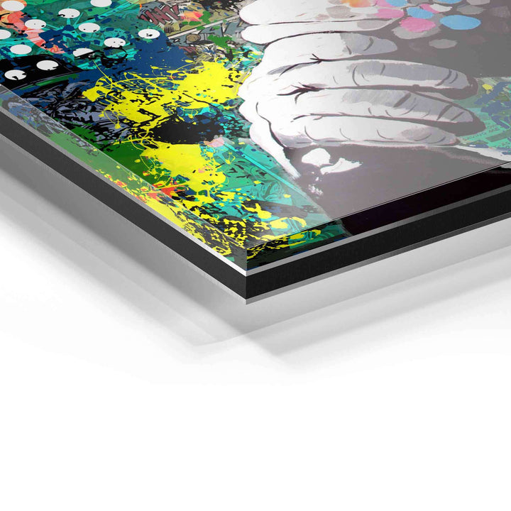 Detailaufnahme von Acrylglas-Wandbild mit bunter Pop Art und Graffiti-Elementen