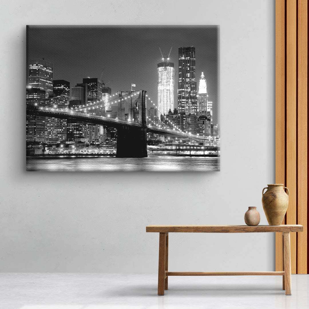 Schwarz-weiß Wandbild mit Skyline und Brücke, modernes Leinwandbild für Wohnzimmer