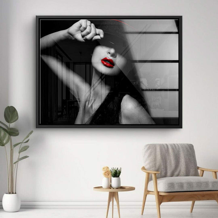 Modernes Wandbild mit Frau im Schwarz-Weiß-Stil, roter Lippen, dekorative Kunst für Wohnzimmer