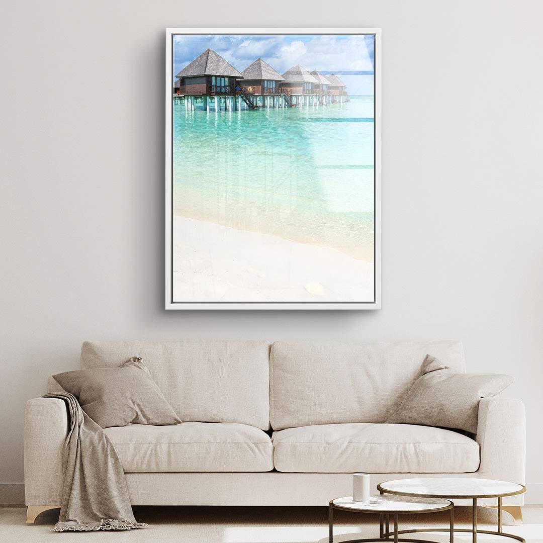 Modernes Wandbild mit Overwater-Bungalows am türkisfarbenen Meer, Wohnzimmer-Deko