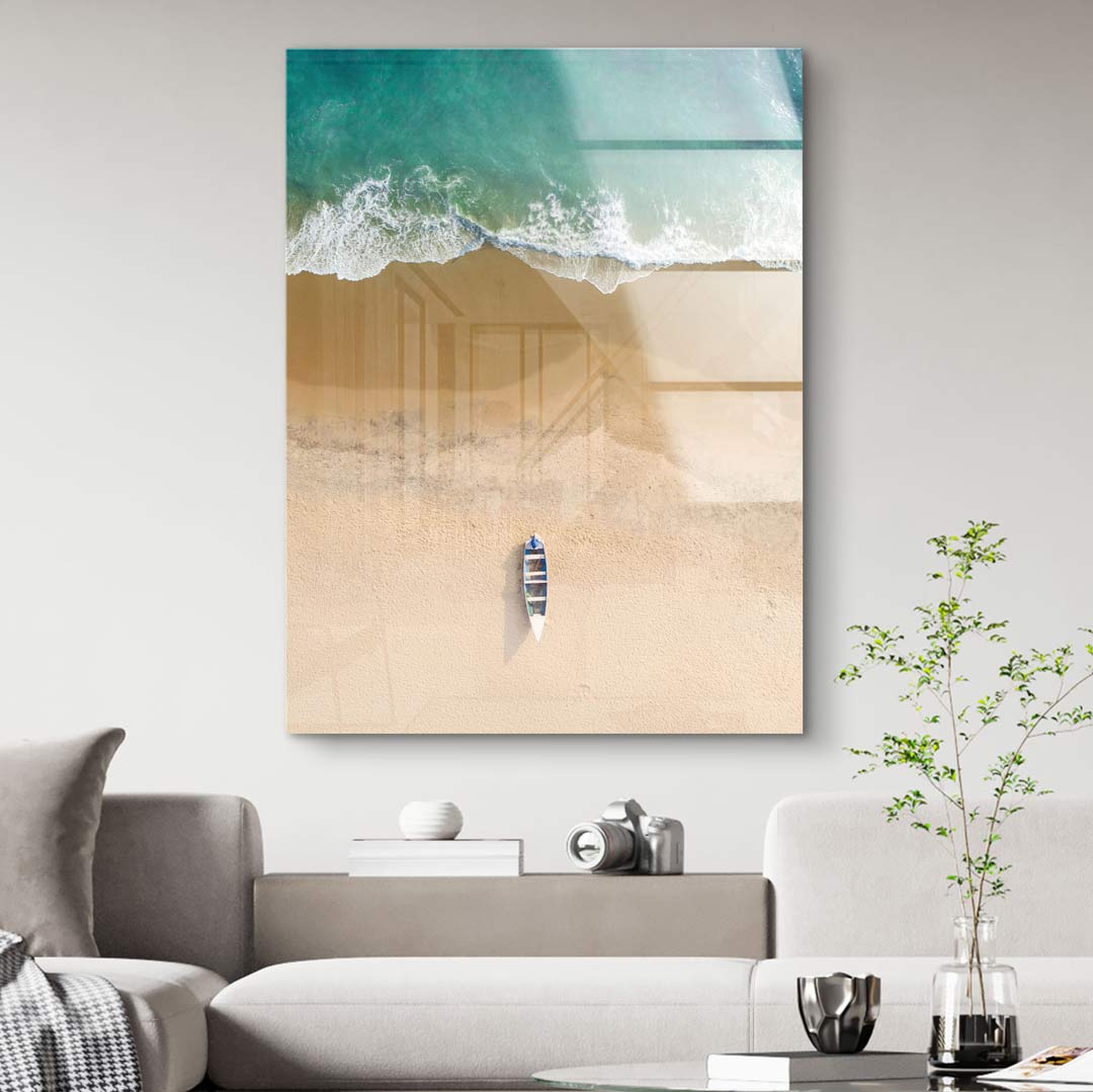 Wandbild mit Luftaufnahme von Boot am Sandstrand und türkisblauem Meer, Wohnzimmerdeko