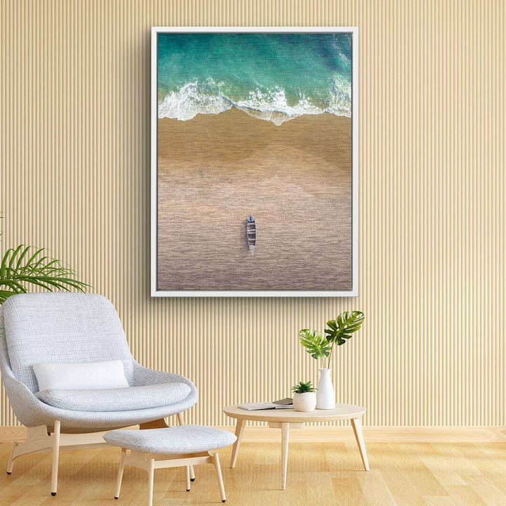Modernes Wandbild mit Strand, Wellen und Boot, Leinwandbild für Wohnzimmer-Deko