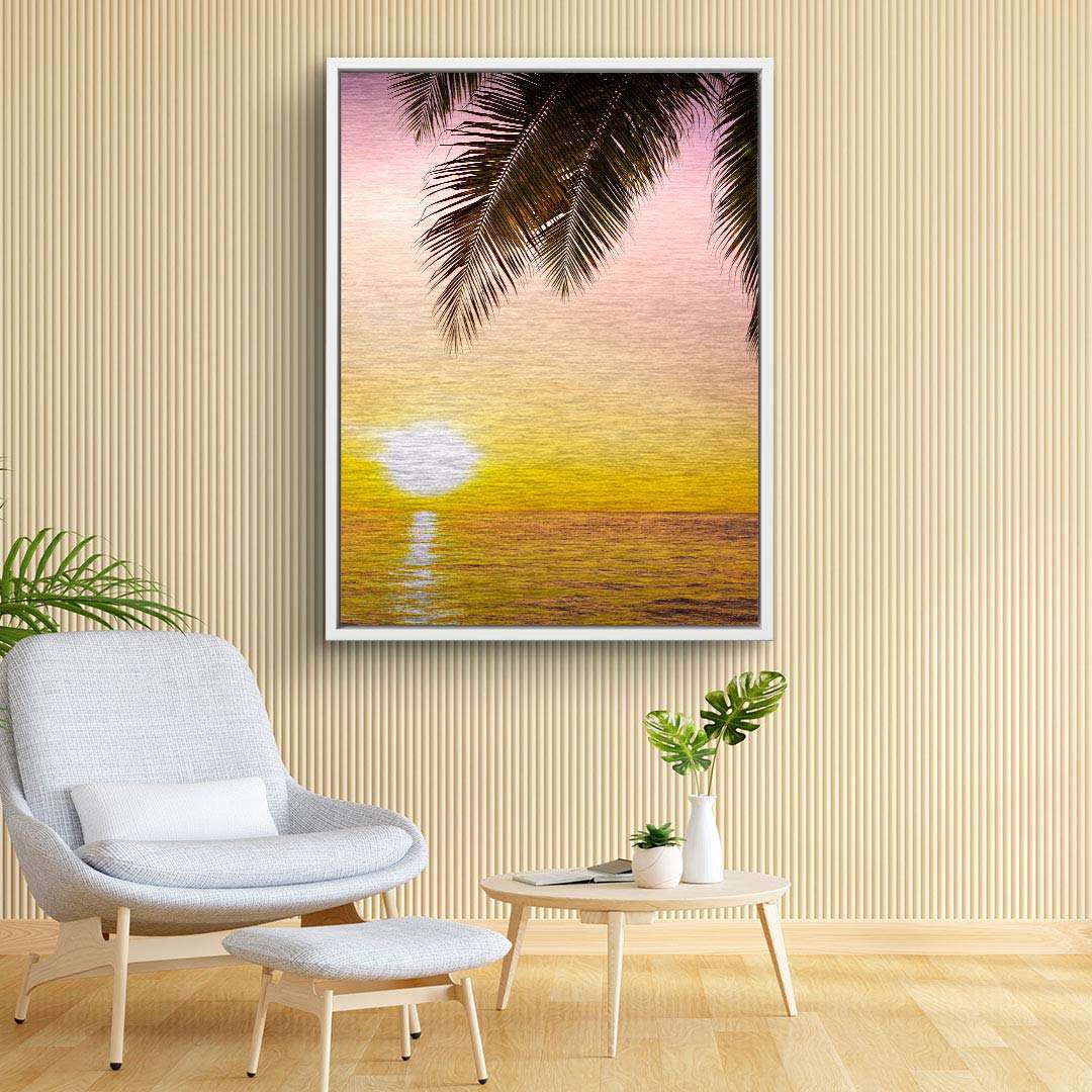 Modernes Wohnzimmer mit Wandbild Sonnenuntergang am Meer und Palmen, Leinwandbild Deko
